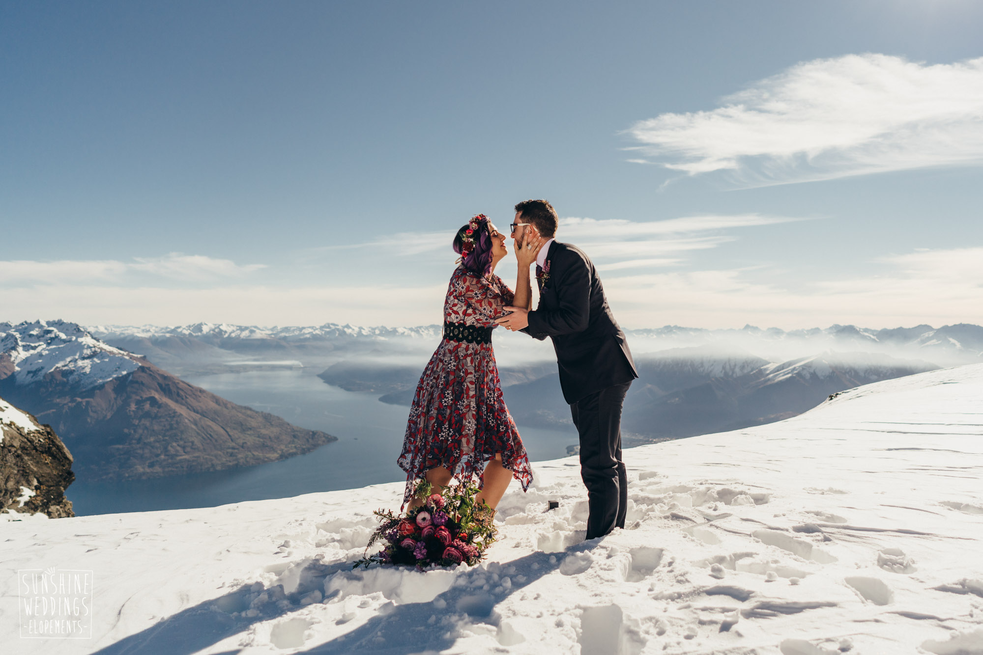 The Remarkables The Remarkables wedding, double cone, winter wedding, bride and groom in snow, spectacular mountain views in NZ