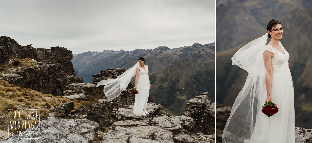 bride on mountain wedding with veil